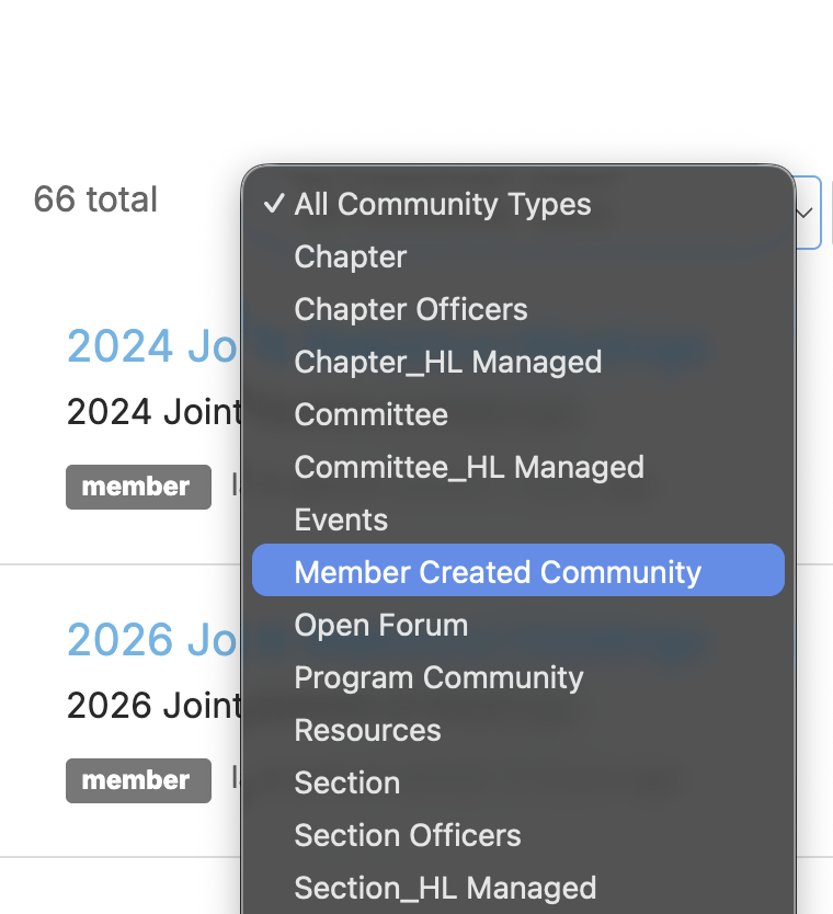 Community type filter set to Member Created Community