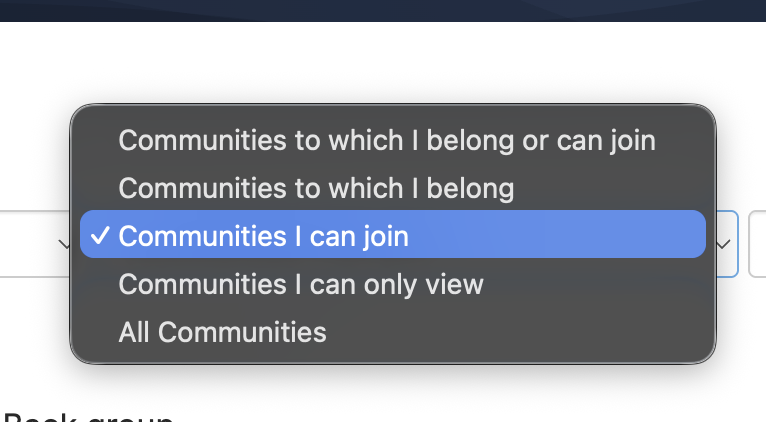 Membership filter set to Communities I can join