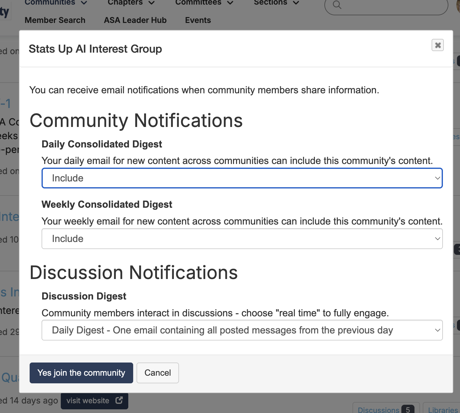 Communication preferences dialog with Yes join the community button